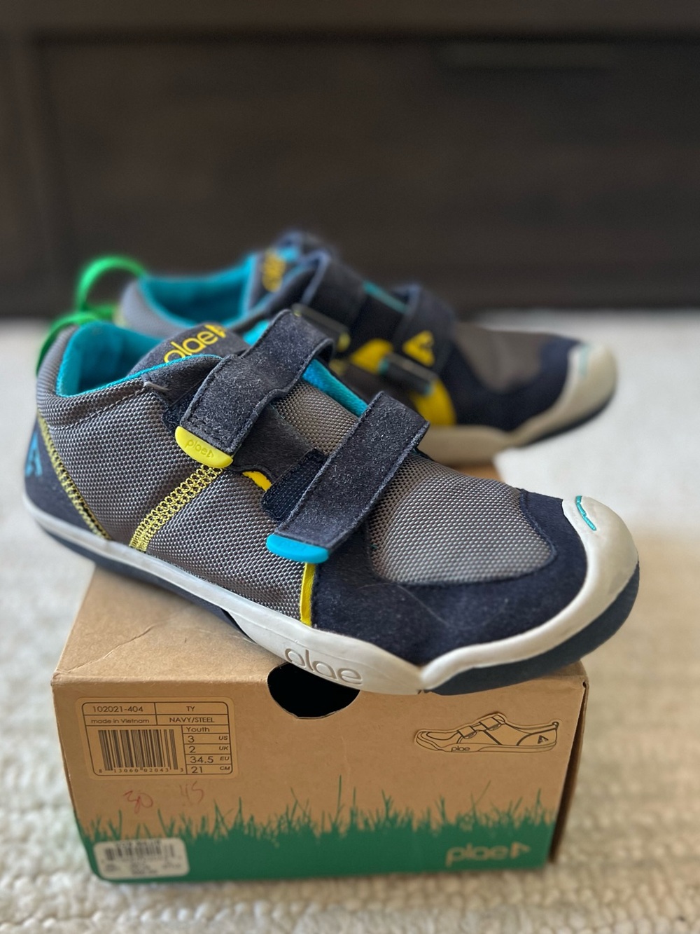 PLAE TY US3 Kids Navy, Gray & Teal Velcro Sneakers